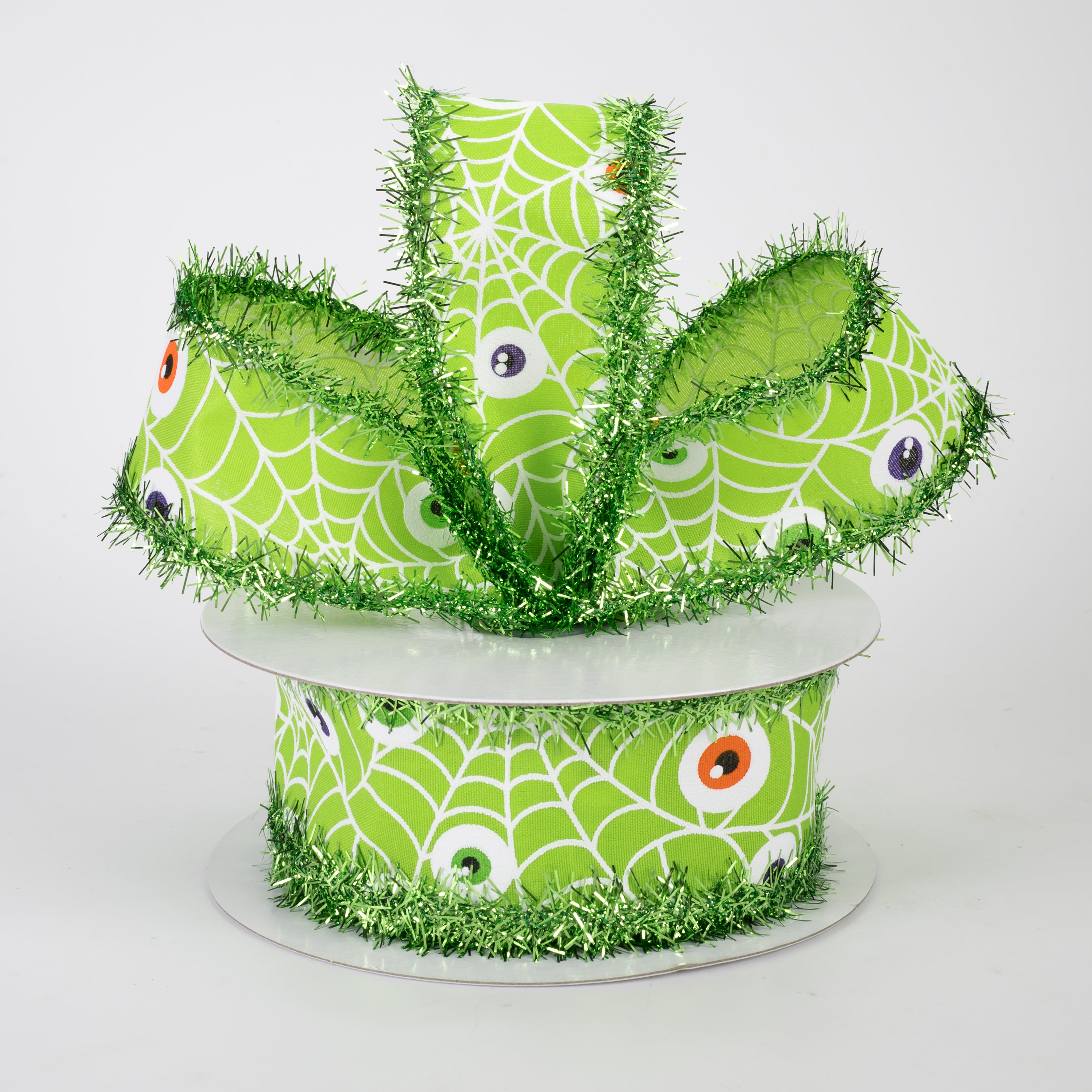 1.5" Tinsel Edge Monster Eyeballs in Spiderweb Ribbon: Lime Green (10 Yards)