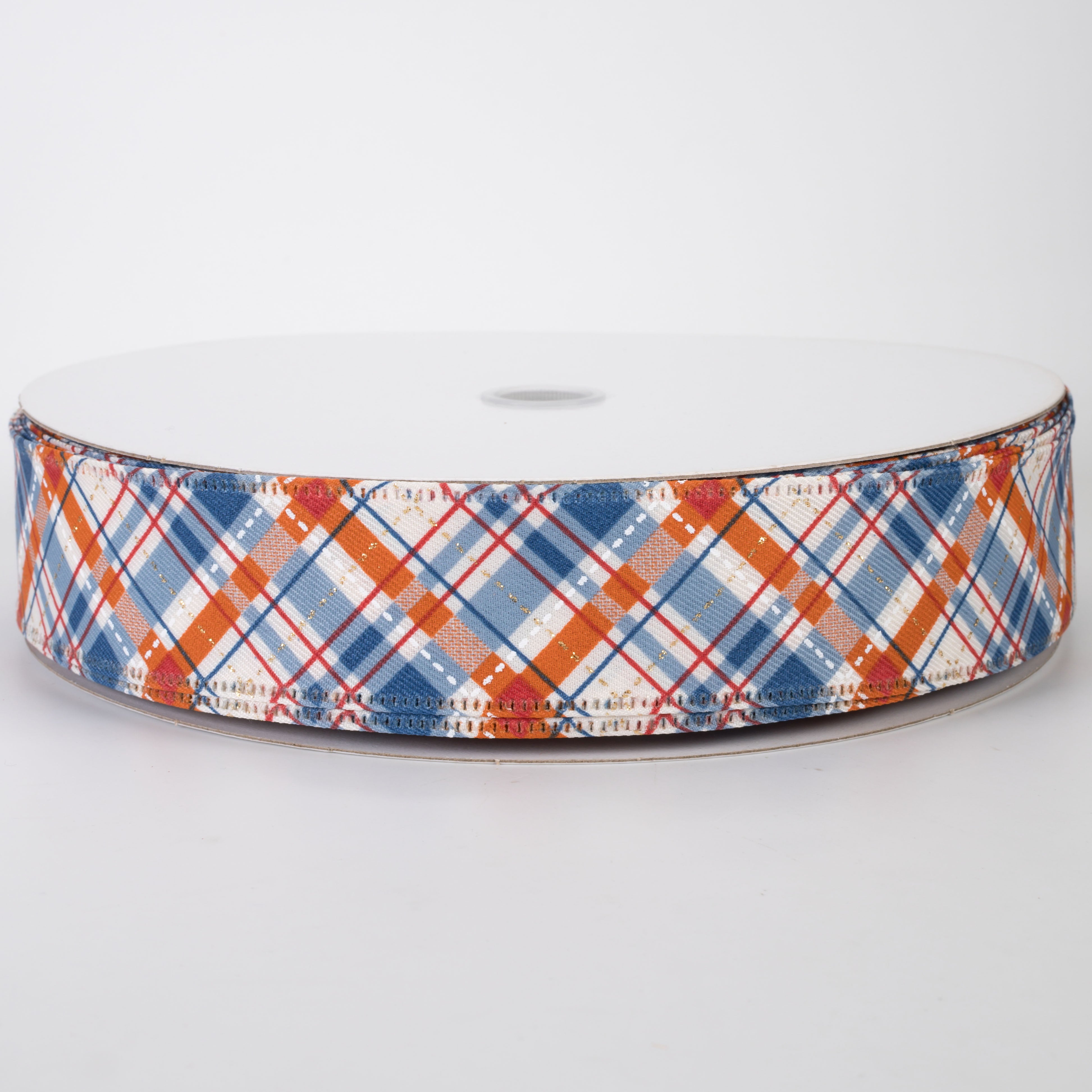1.5" Linen Argyle Plaid Ribbon: Cream, Rust, Blue & Gold (50 Yards)