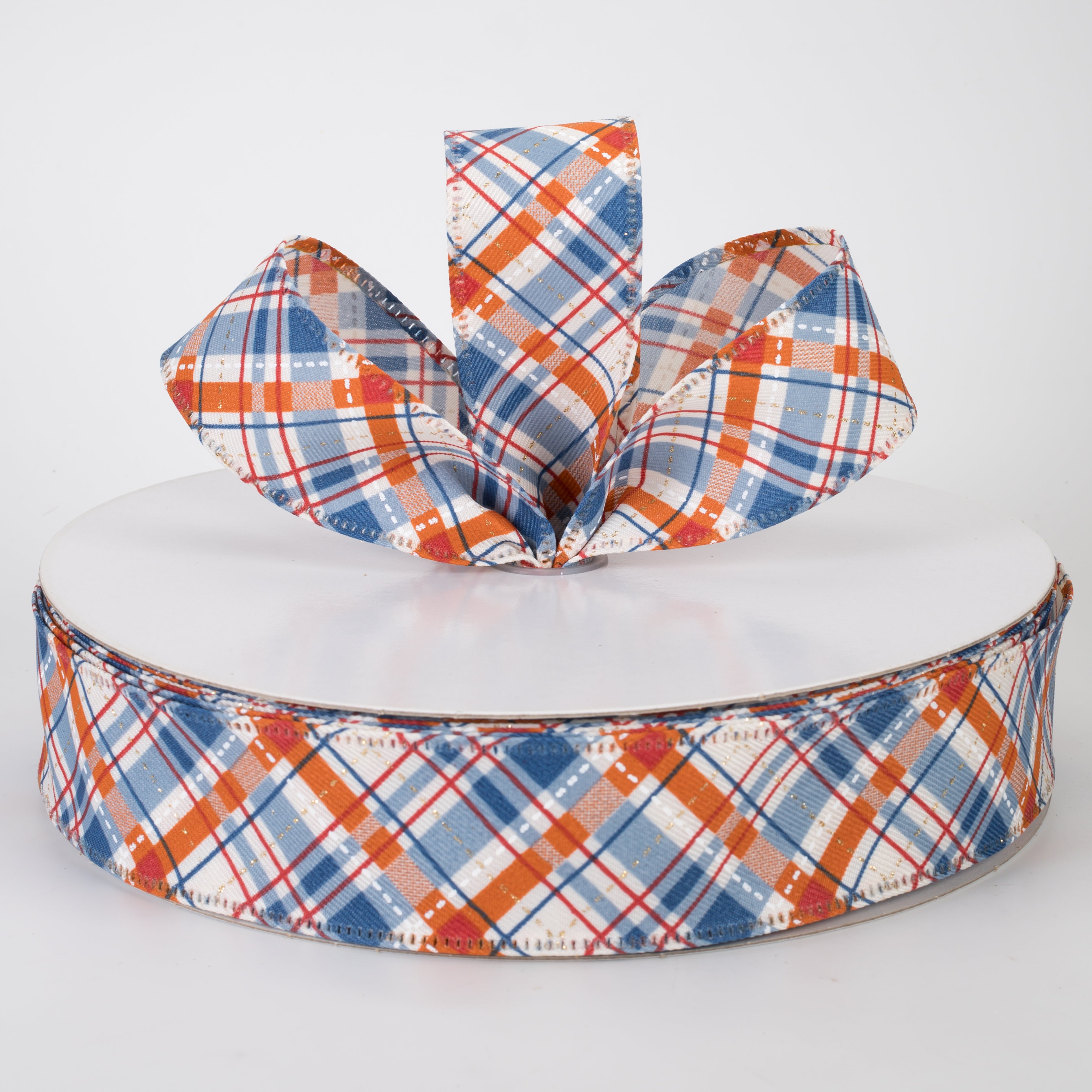 1.5" Linen Argyle Plaid Ribbon: Cream, Rust, Blue & Gold (50 Yards)