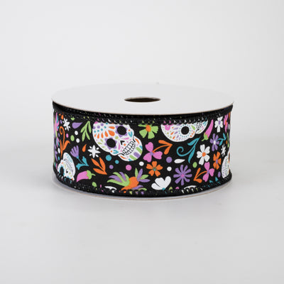 1.5" Calaveras Day of the Dead Skull Ribbon: Black (10 Yards)