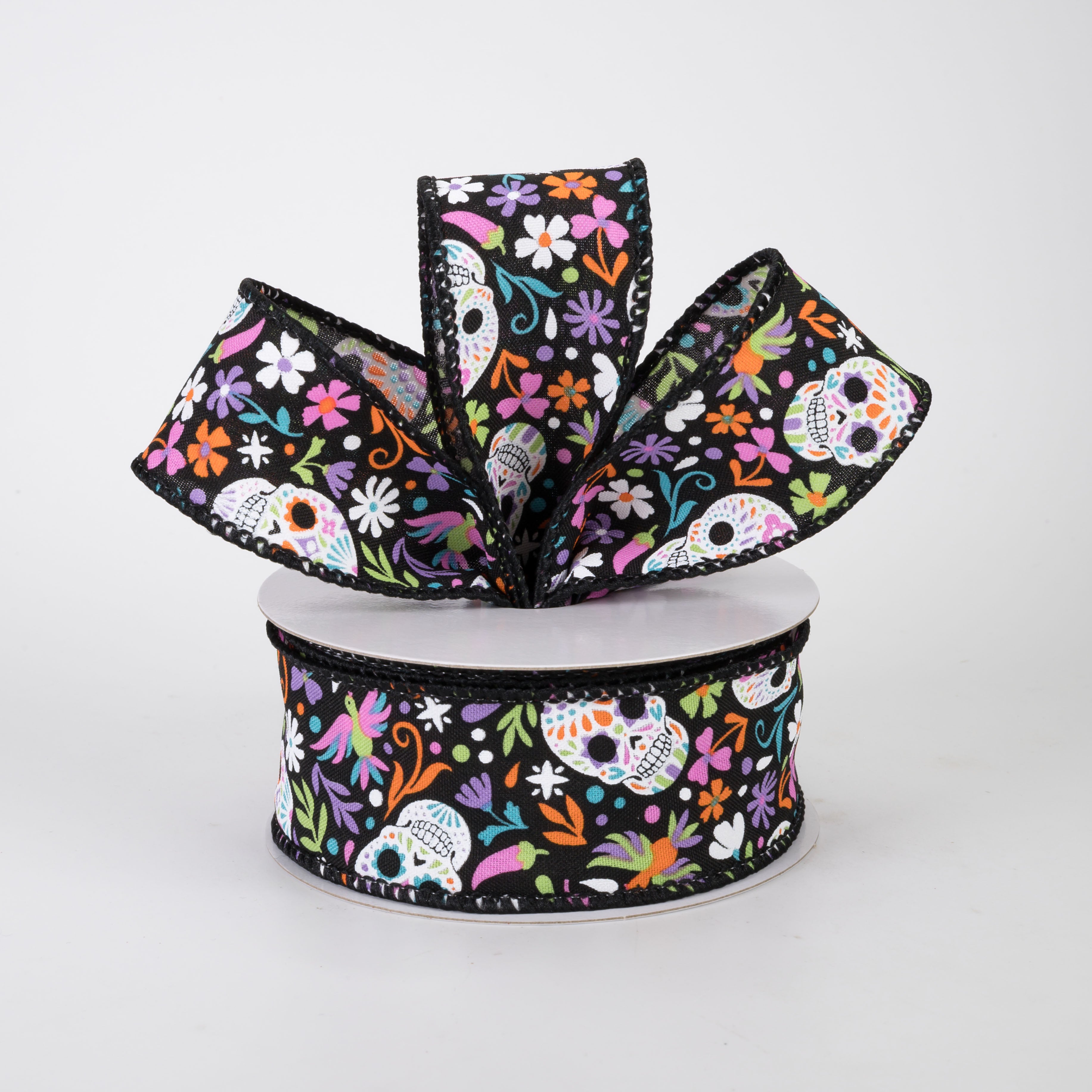 1.5" Calaveras Day of the Dead Skull Ribbon: Black (10 Yards)