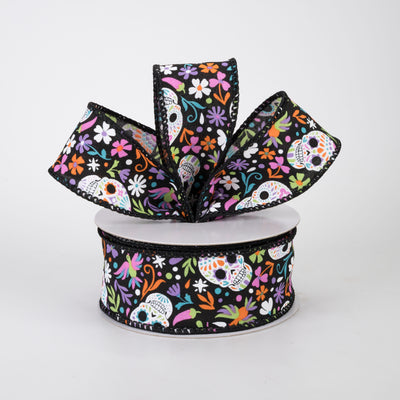 1.5" Calaveras Day of the Dead Skull Ribbon: Black (10 Yards)