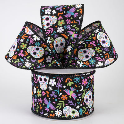 2.5" Calaveras Day of the Dead Skull Ribbon: Black (10 Yards)