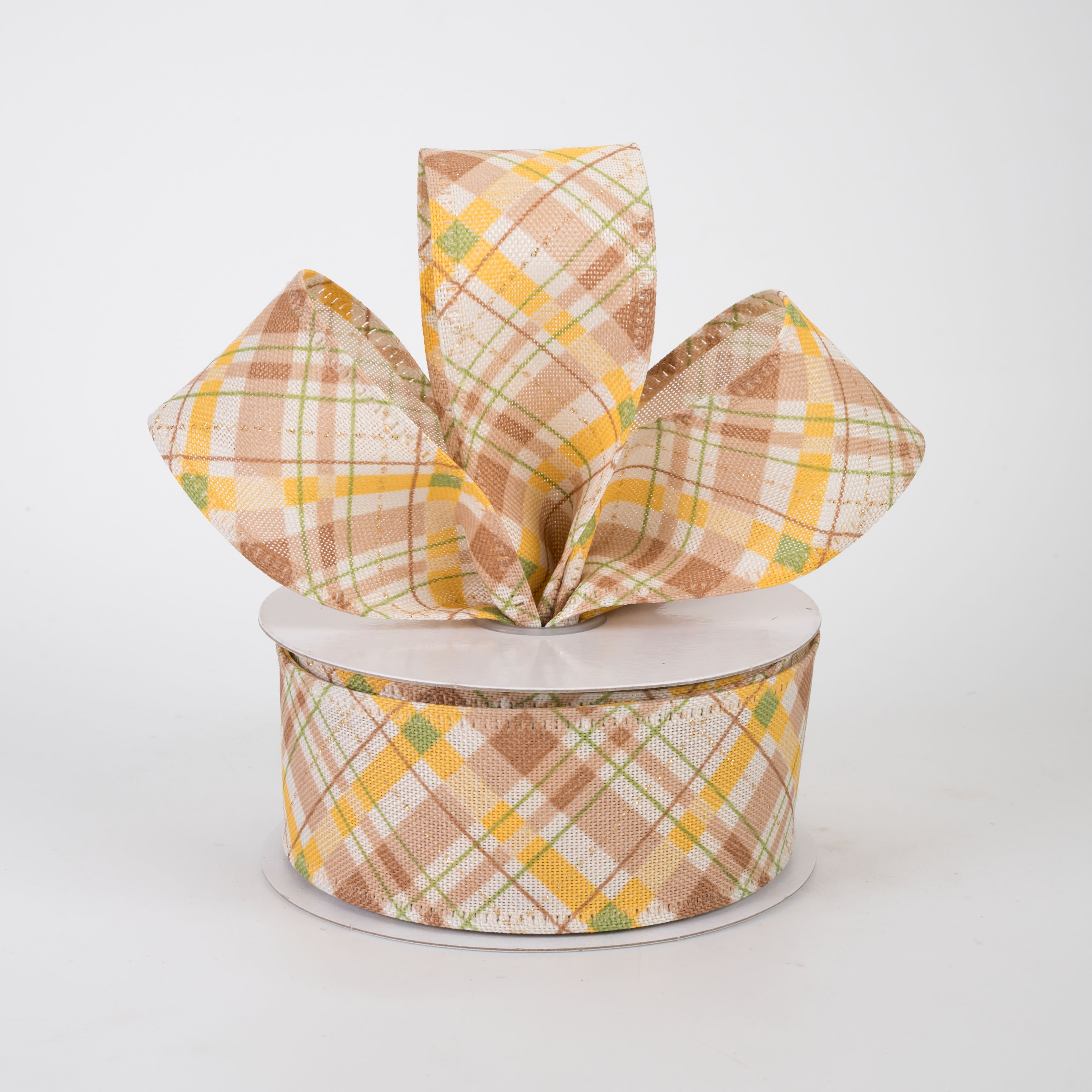 1.5" Linen Argyle Plaid Ribbon: Ivory, Moss, Mustard & Brown (10 Yards)