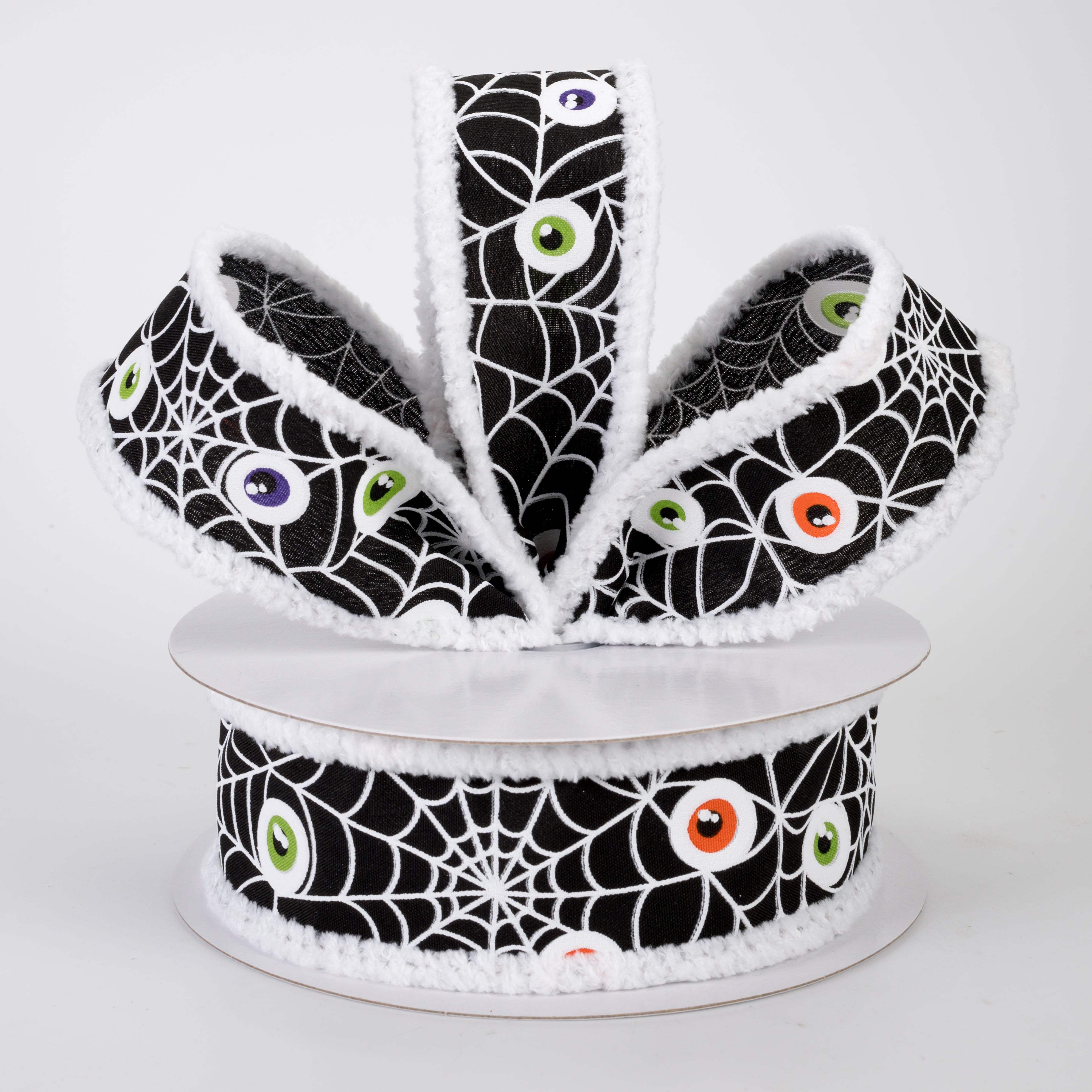 1.5" Fuzzy Edge Monster Eyeballs in Spiderweb Ribbon: Black (10 Yards)