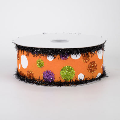 1.5" Tinsel Edge Halloween Glitter Polka Dots Ribbon: Orange (10 Yards)