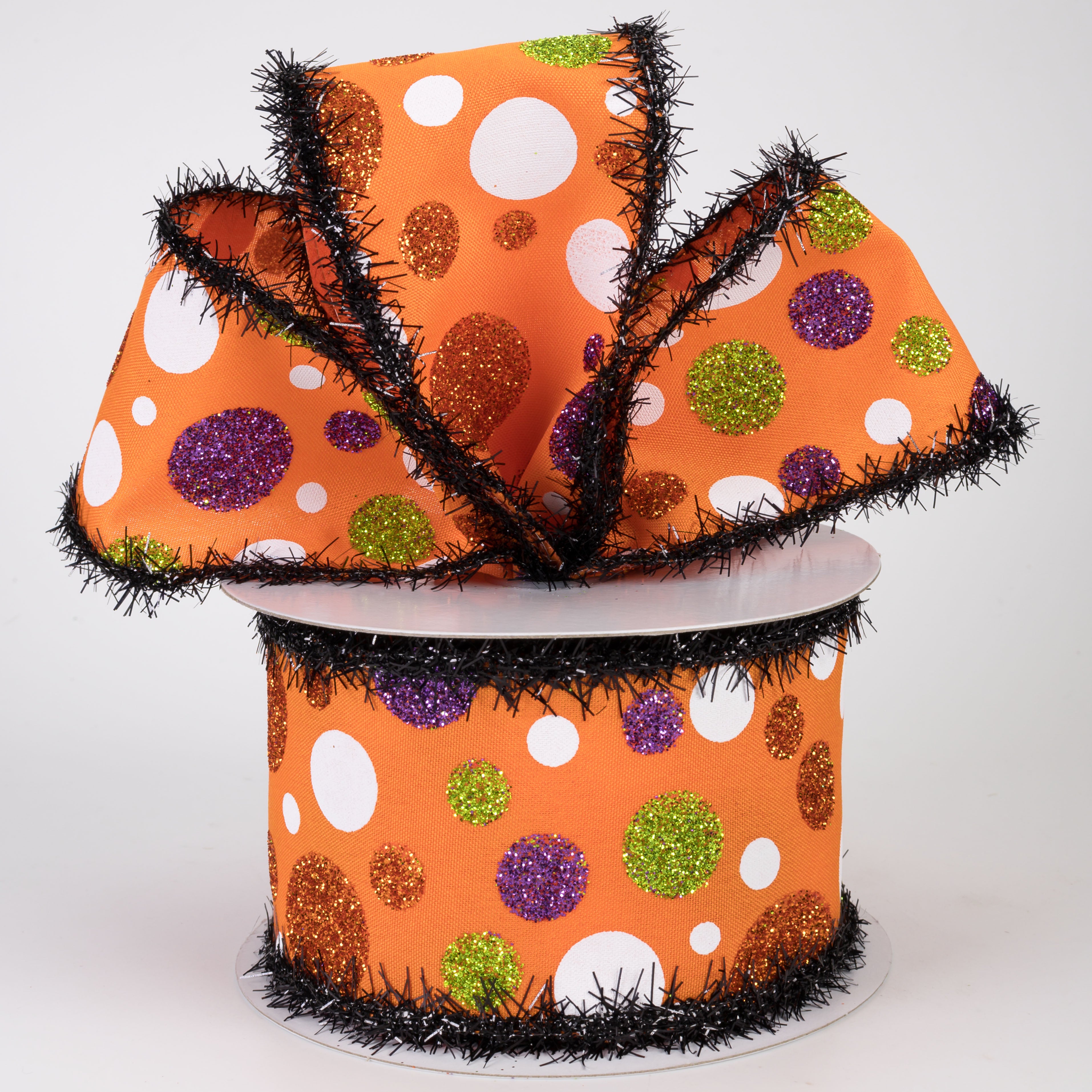 2.5" Tinsel Edge Halloween Glitter Polka Dots Ribbon: Orange (10 Yards)