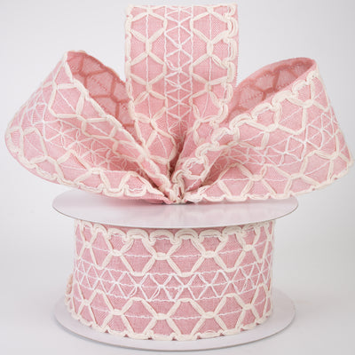 2.5" Ivory Scalloped Weave on Linen Ribbon: Blush Pink (10 Yards)