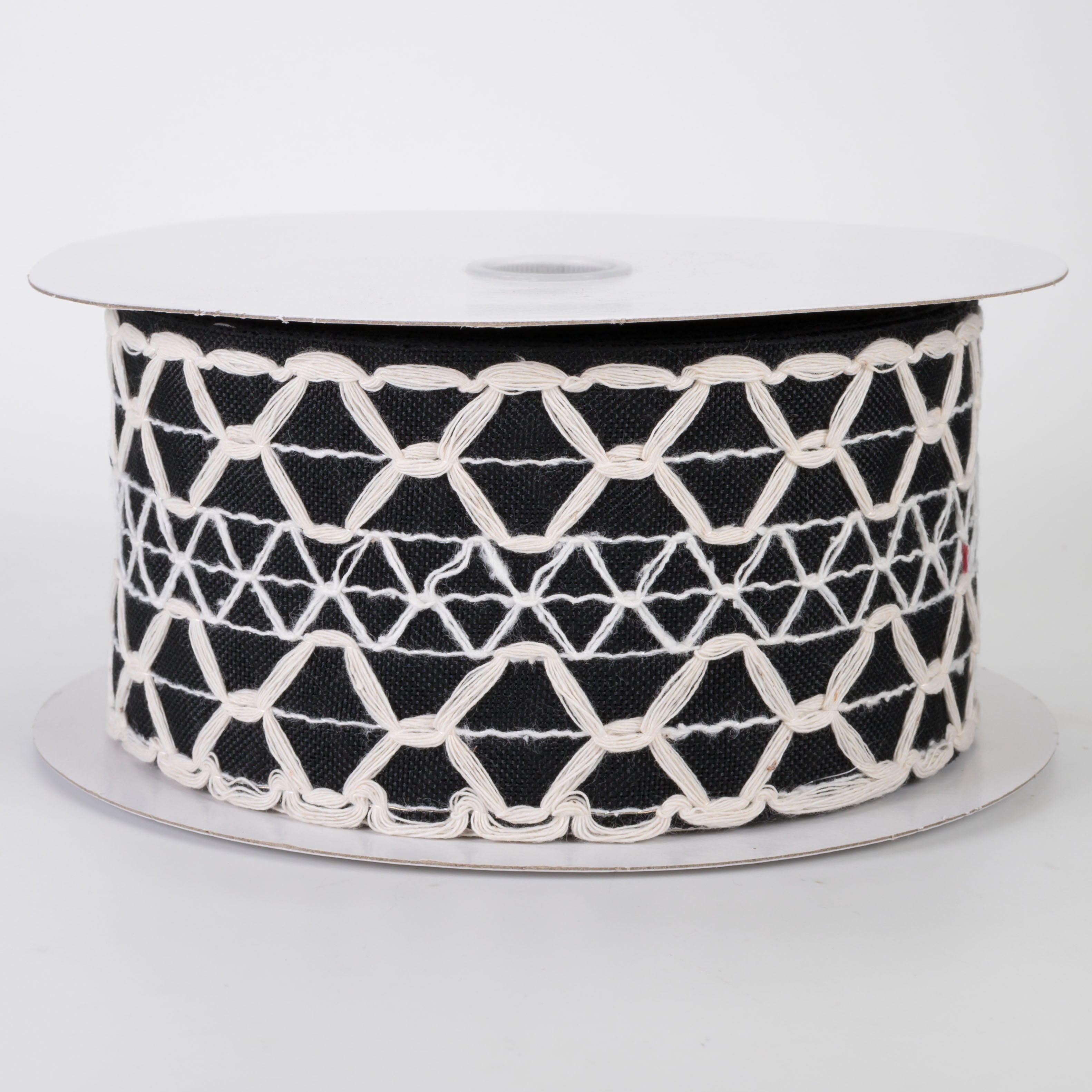 2.5" Ivory Scalloped Weave on Linen Ribbon: Black (10 Yards)