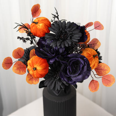 21" Roses & Pumpkins Bush: Purple, Orange & Black (14 Stem)