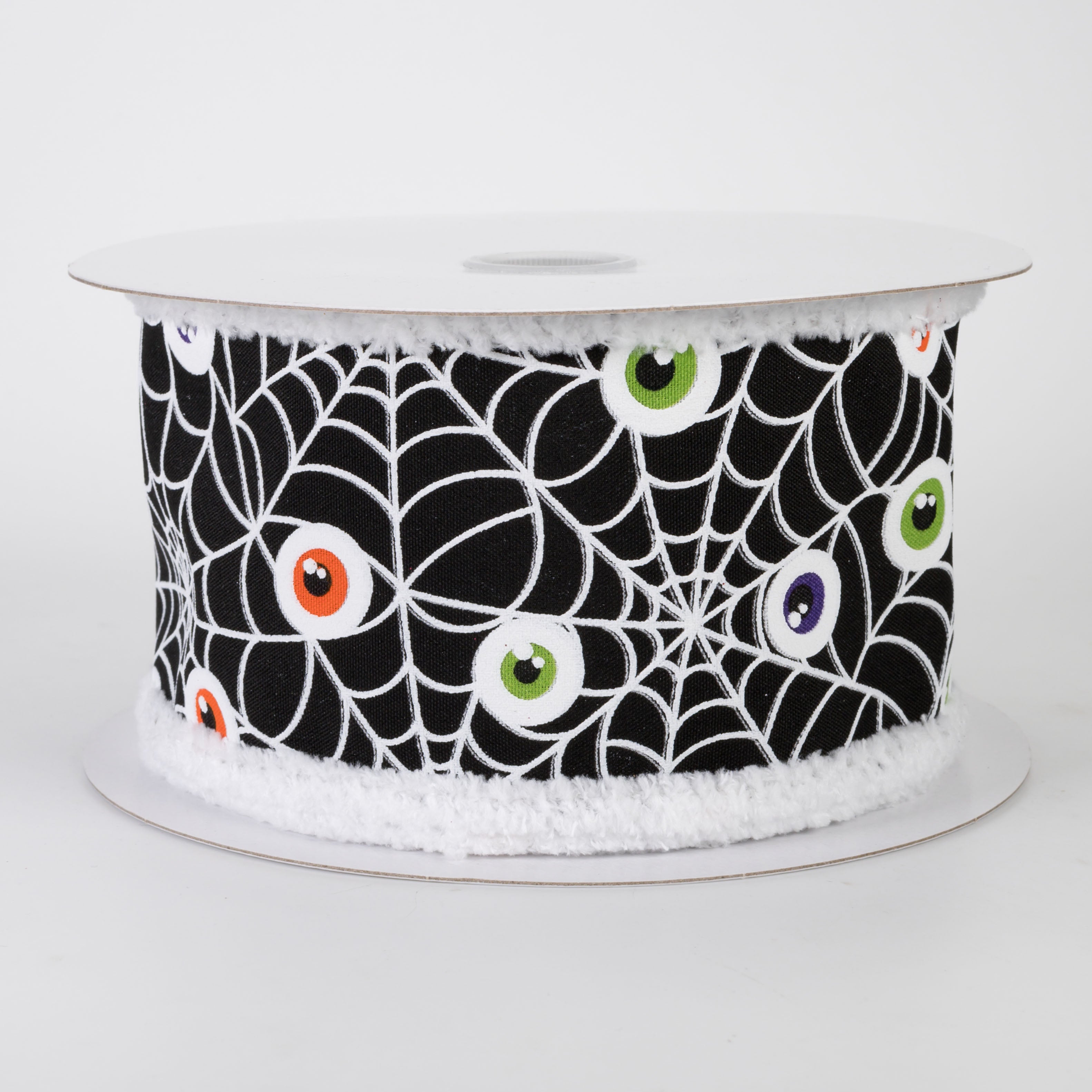 2.5" Fuzzy Edge Monster Eyeballs in Spiderweb Ribbon: Black (10 Yards)