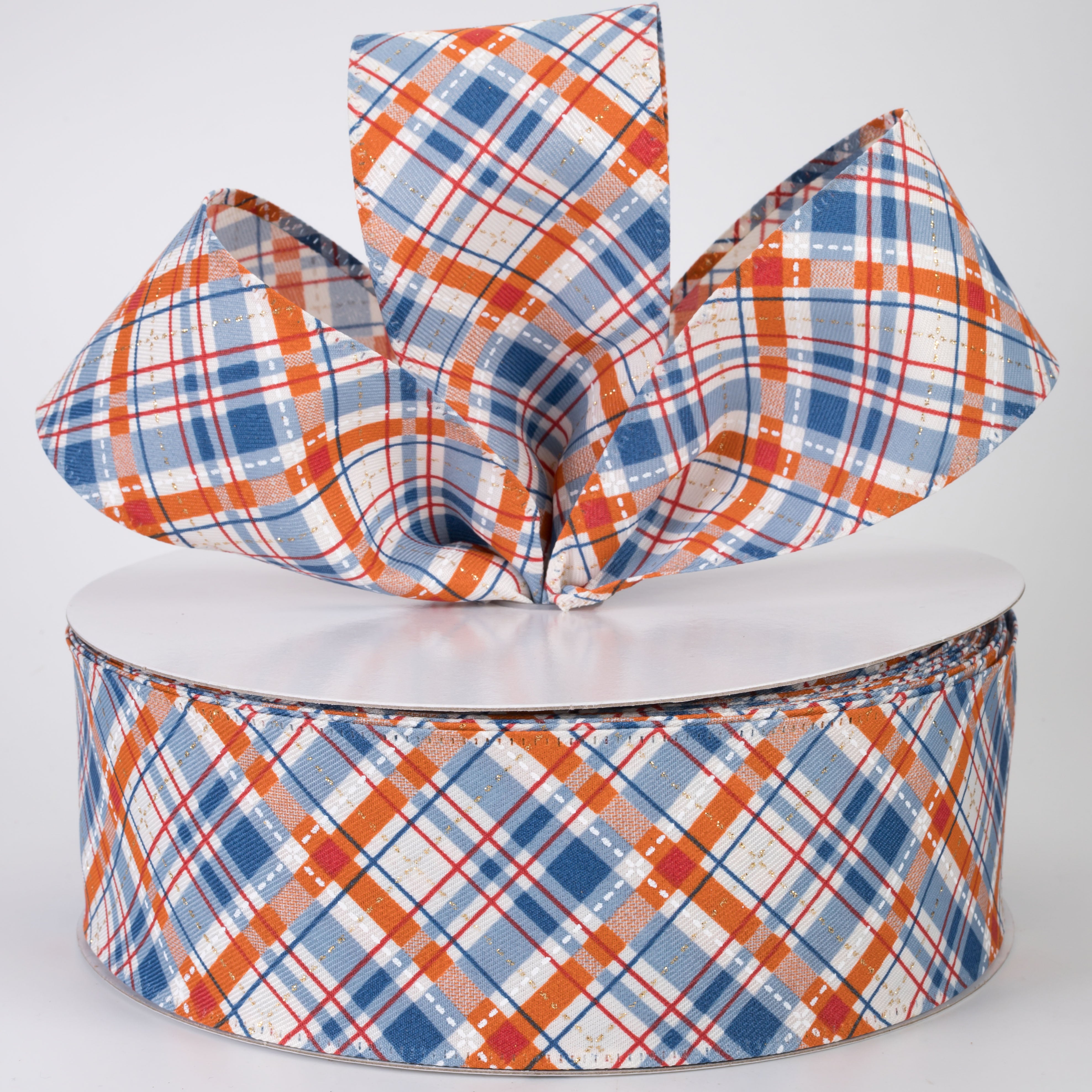 2.5" Linen Argyle Plaid Ribbon: Cream, Rust, Blue & Gold (50 Yards)