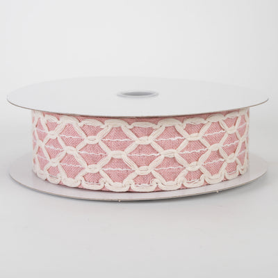 1.5" Ivory Scalloped Weave on Linen Ribbon: Blush Pink (10 Yards)