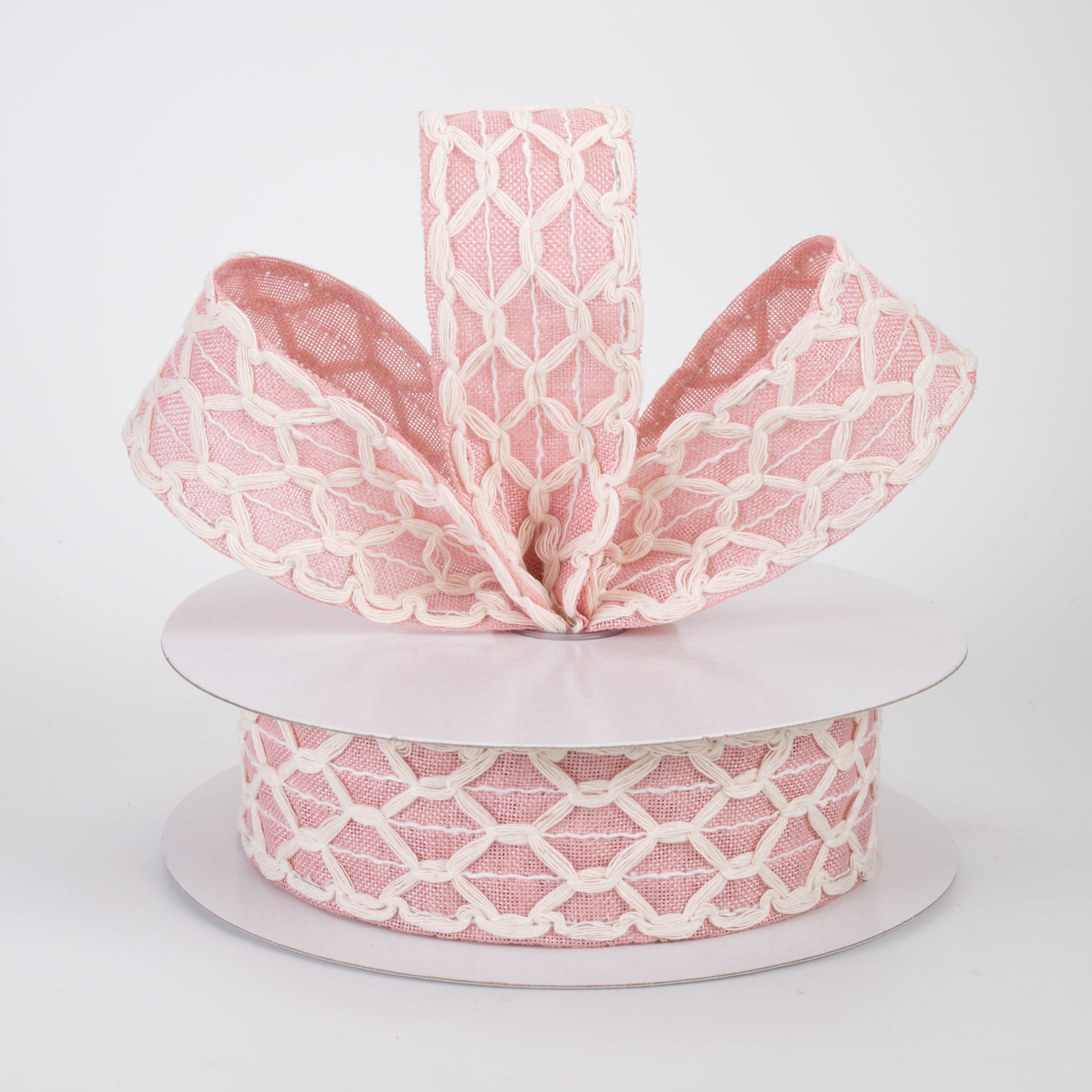 1.5" Ivory Scalloped Weave on Linen Ribbon: Blush Pink (10 Yards)