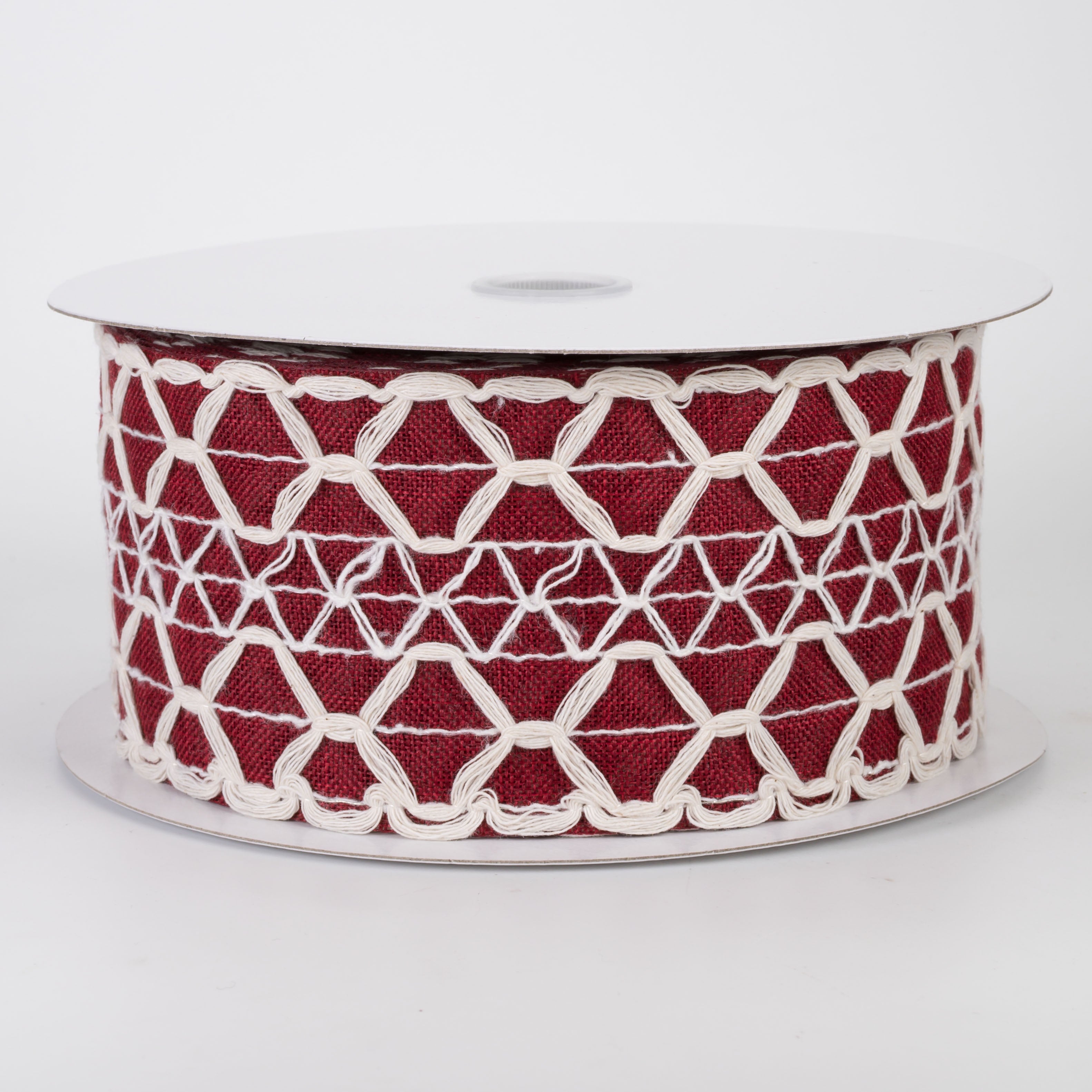 2.5" Ivory Scalloped Weave on Linen Ribbon: Dark Red (10 Yards)