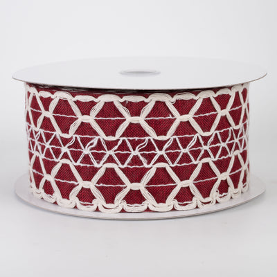 2.5" Ivory Scalloped Weave on Linen Ribbon: Dark Red (10 Yards)