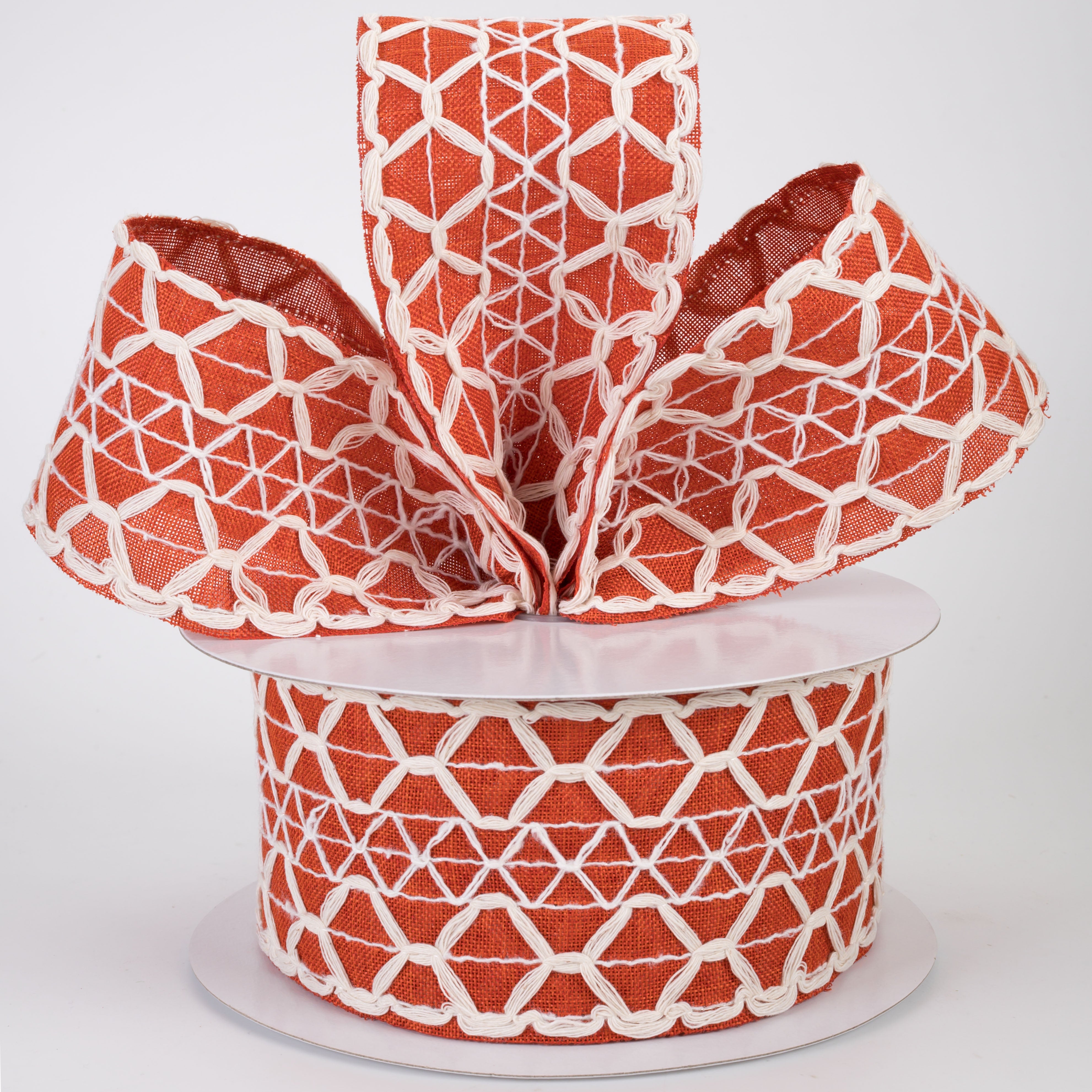 2.5" Ivory Scalloped Weave on Linen Ribbon: Rust Orange (10 Yards)