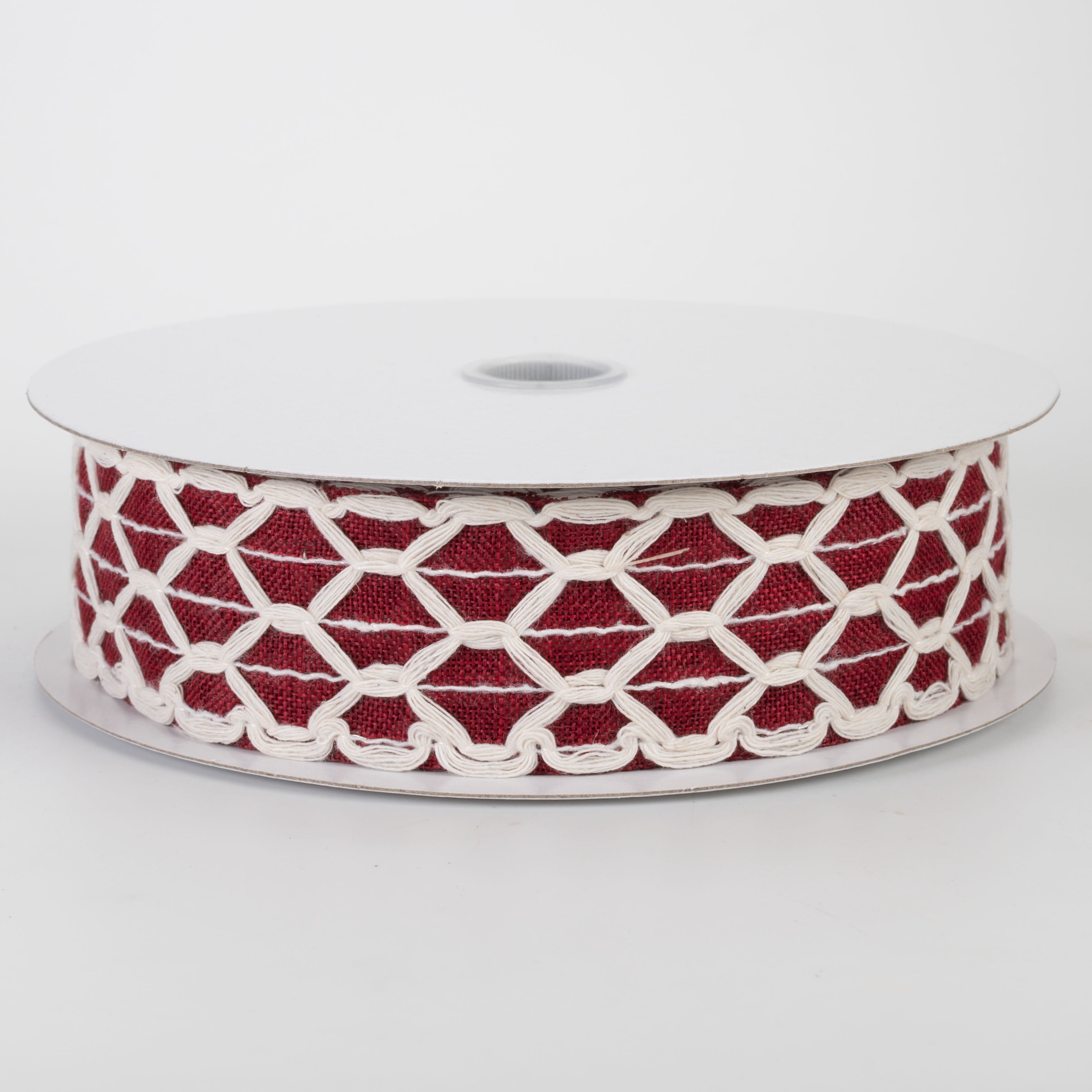 1.5" Ivory Scalloped Weave on Linen Ribbon: Dark Red (10 Yards)
