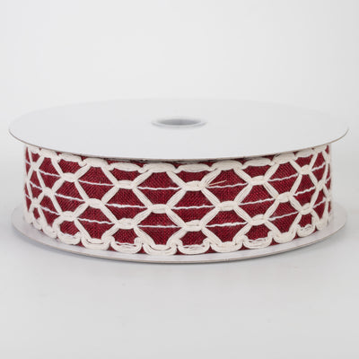 1.5" Ivory Scalloped Weave on Linen Ribbon: Dark Red (10 Yards)