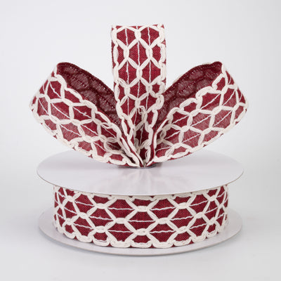 1.5" Ivory Scalloped Weave on Linen Ribbon: Dark Red (10 Yards)
