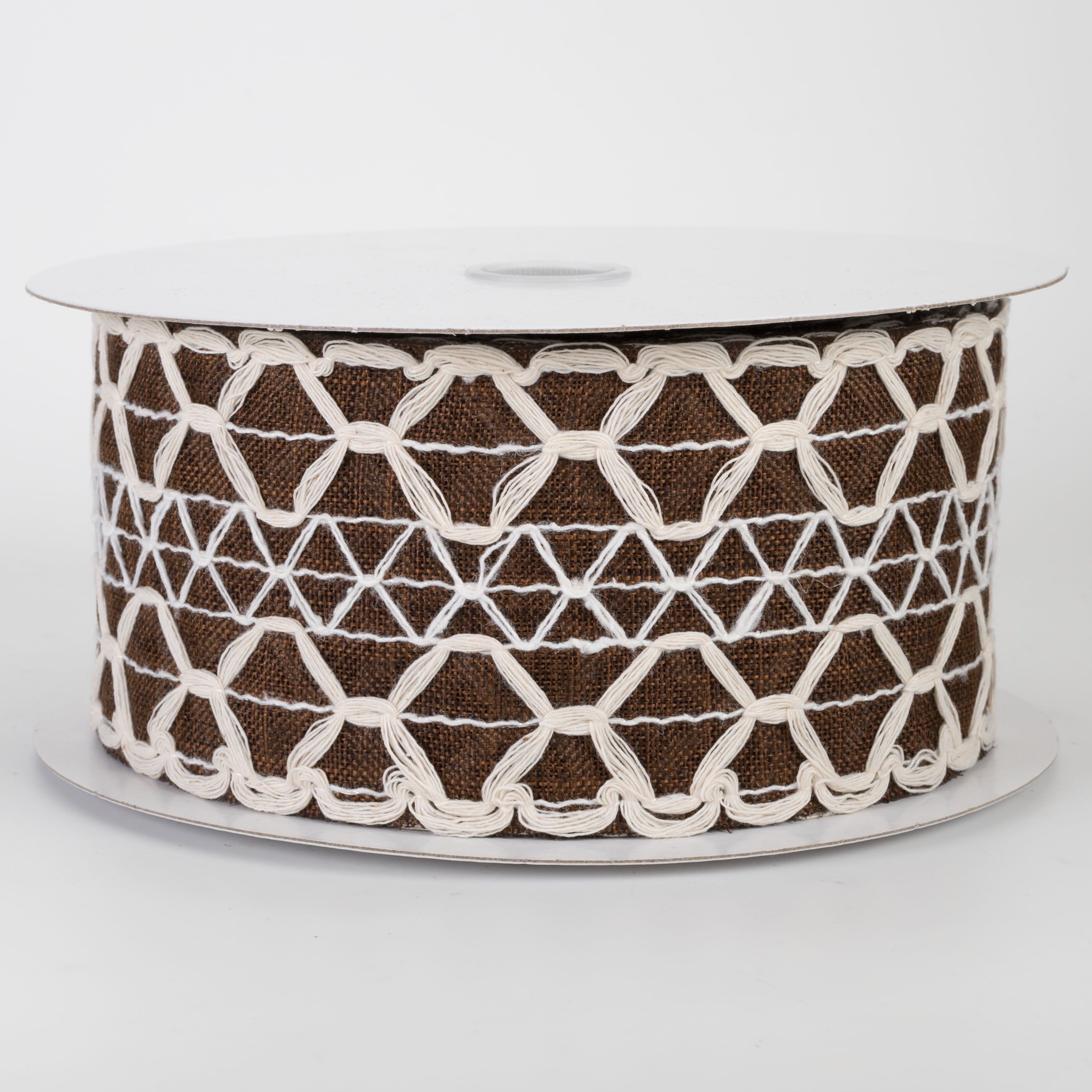 2.5" Ivory Scalloped Weave on Linen Ribbon: Dark Brown (10 Yards)