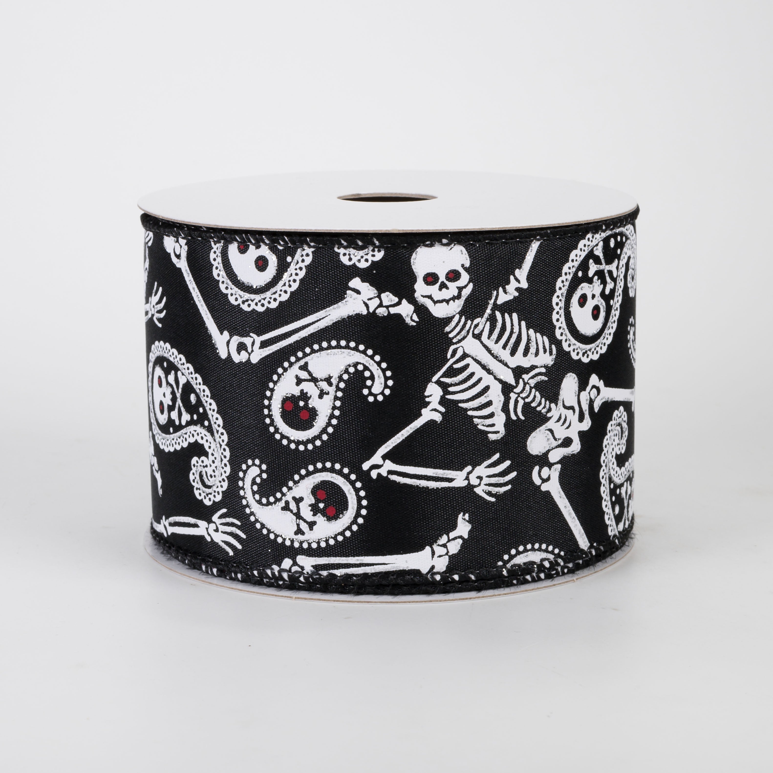 2.5" Skull & Bones Paisley Ribbon: White on Black (10 Yards)