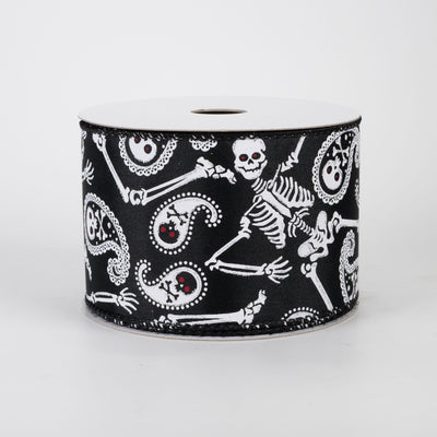 2.5" Skull & Bones Paisley Ribbon: White on Black (10 Yards)