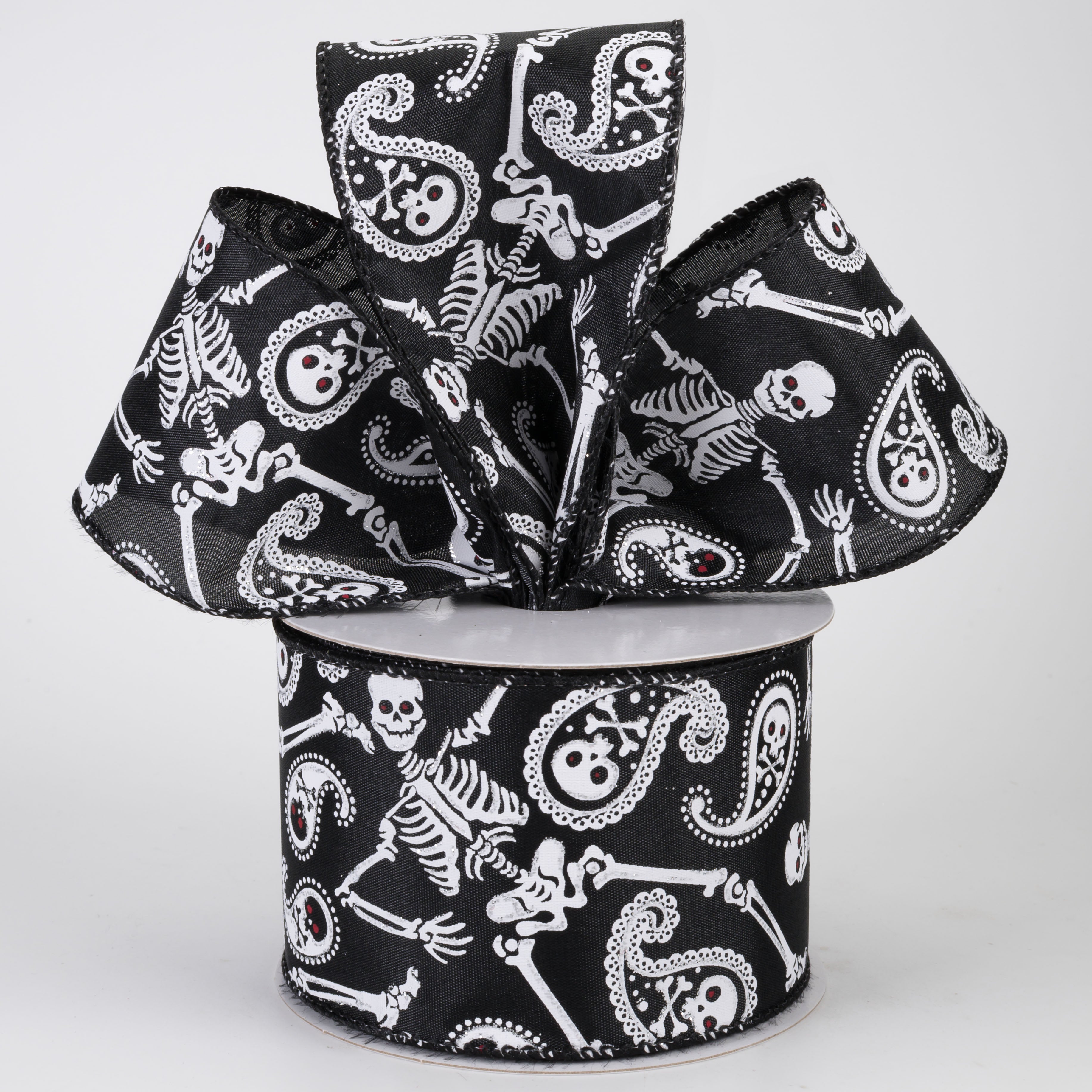 2.5" Skull & Bones Paisley Ribbon: White on Black (10 Yards)