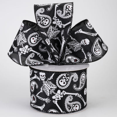 2.5" Skull & Bones Paisley Ribbon: White on Black (10 Yards)