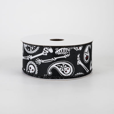 1.5" Skull & Bones Paisley Ribbon: White on Black (10 Yards)