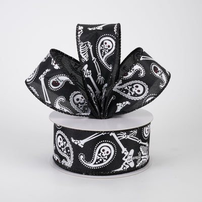 1.5" Skull & Bones Paisley Ribbon: White on Black (10 Yards)