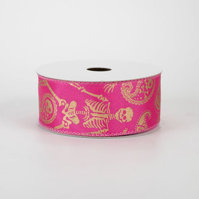 1.5" Skull & Bones Paisley Ribbon: Gold on Fuchsia Pink (10 Yards)
