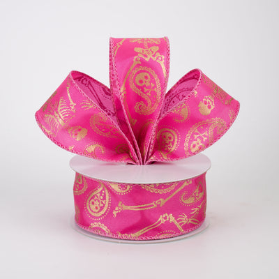 1.5" Skull & Bones Paisley Ribbon: Gold on Fuchsia Pink (10 Yards)