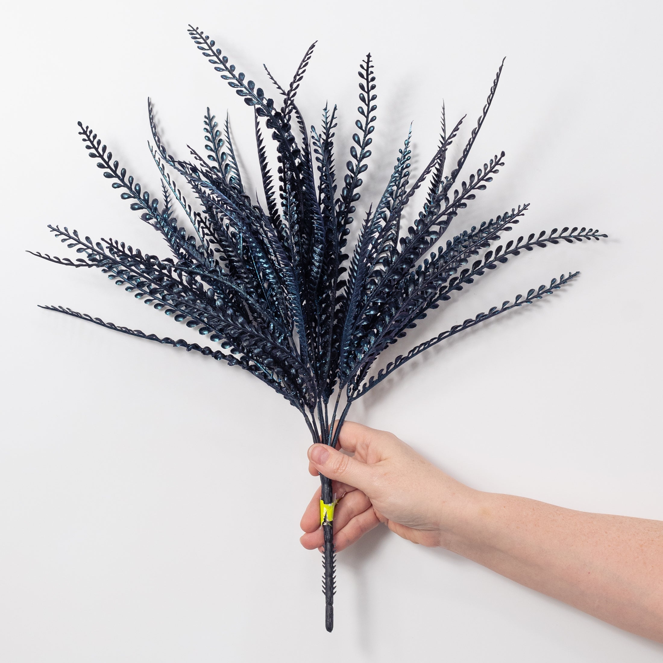 20" Plastic Leaf Button Fern Bush: Iridescent Blue on Black (7 Stem)
