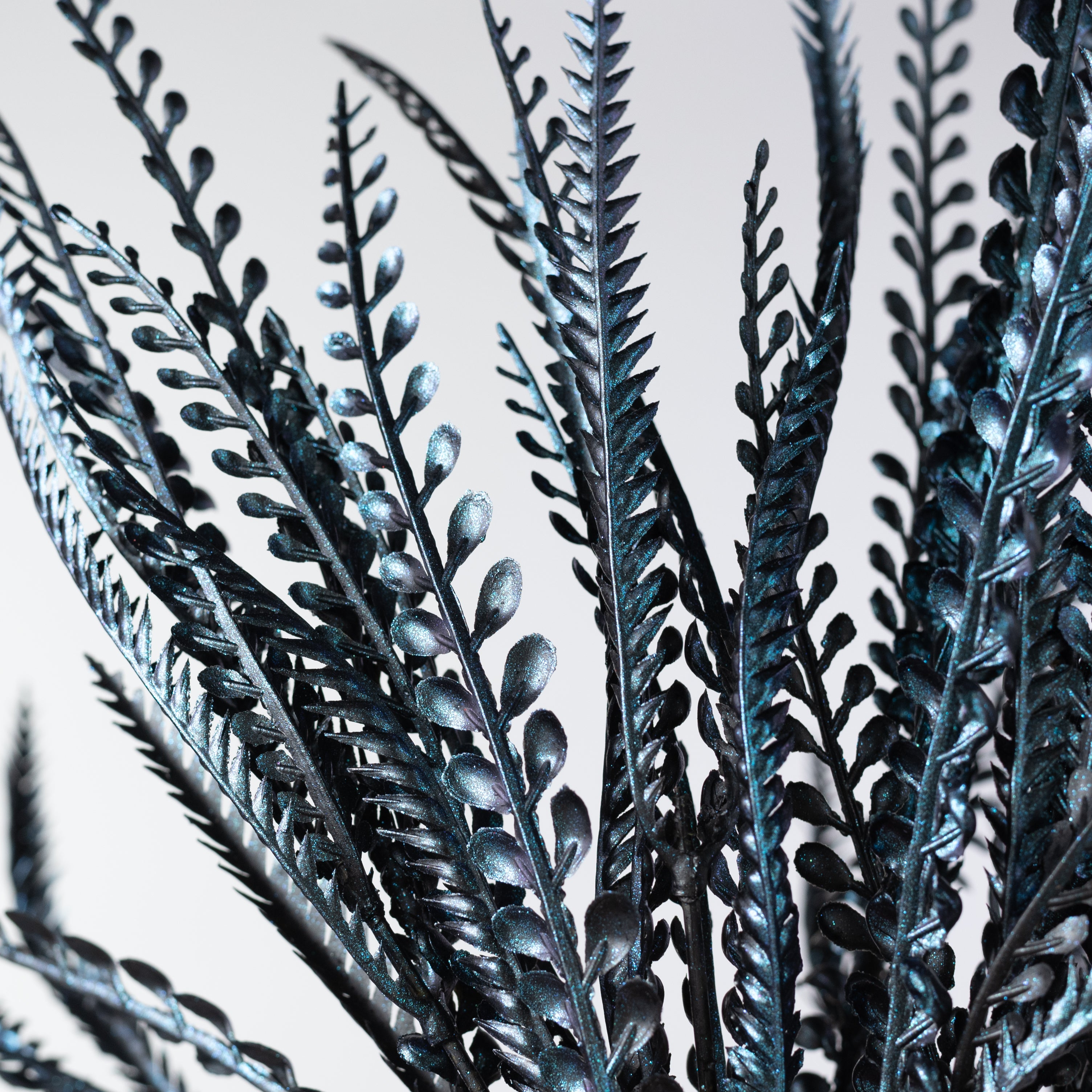 20" Plastic Leaf Button Fern Bush: Iridescent Blue on Black (7 Stem)