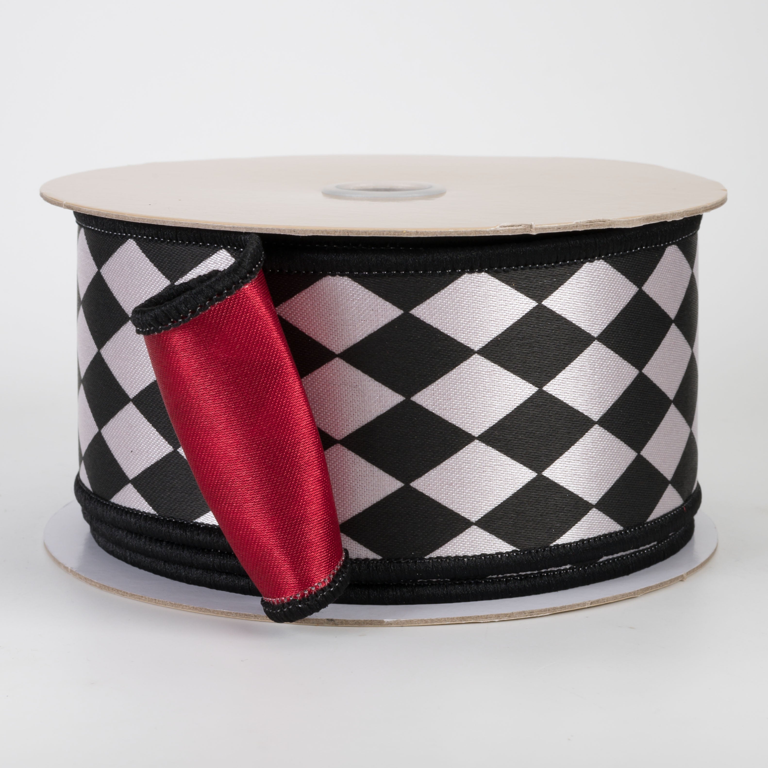 2.5" Double Sided Fused Harlequin Ribbon: Red, Black & White (10 Yards)