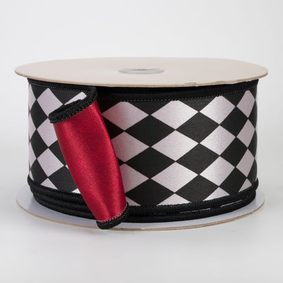 2.5" Double Sided Fused Harlequin Ribbon: Red, Black & White (10 Yards)