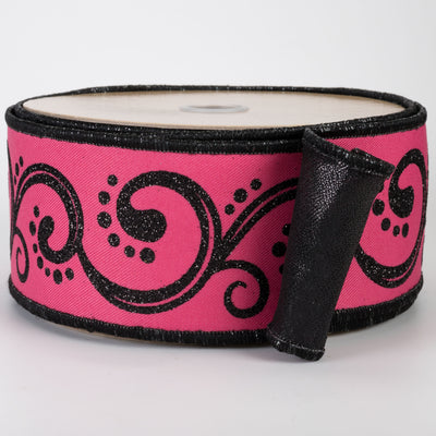 2.5" Double Sided Fused Swirls Ribbon: Hot Pink & Black (10 Yards)