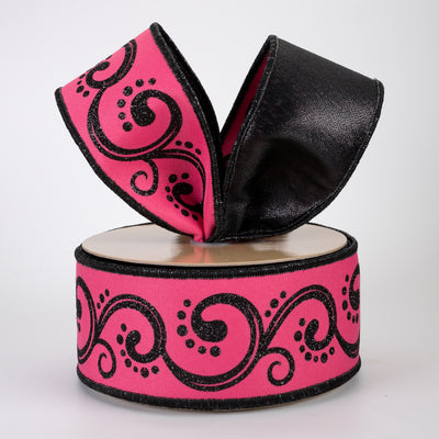 2.5" Double Sided Fused Swirls Ribbon: Hot Pink & Black (10 Yards)