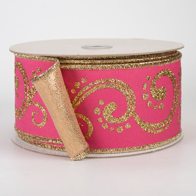 2.5" Double Sided Fused Swirls Ribbon: Hot Pink & Gold (10 Yards)
