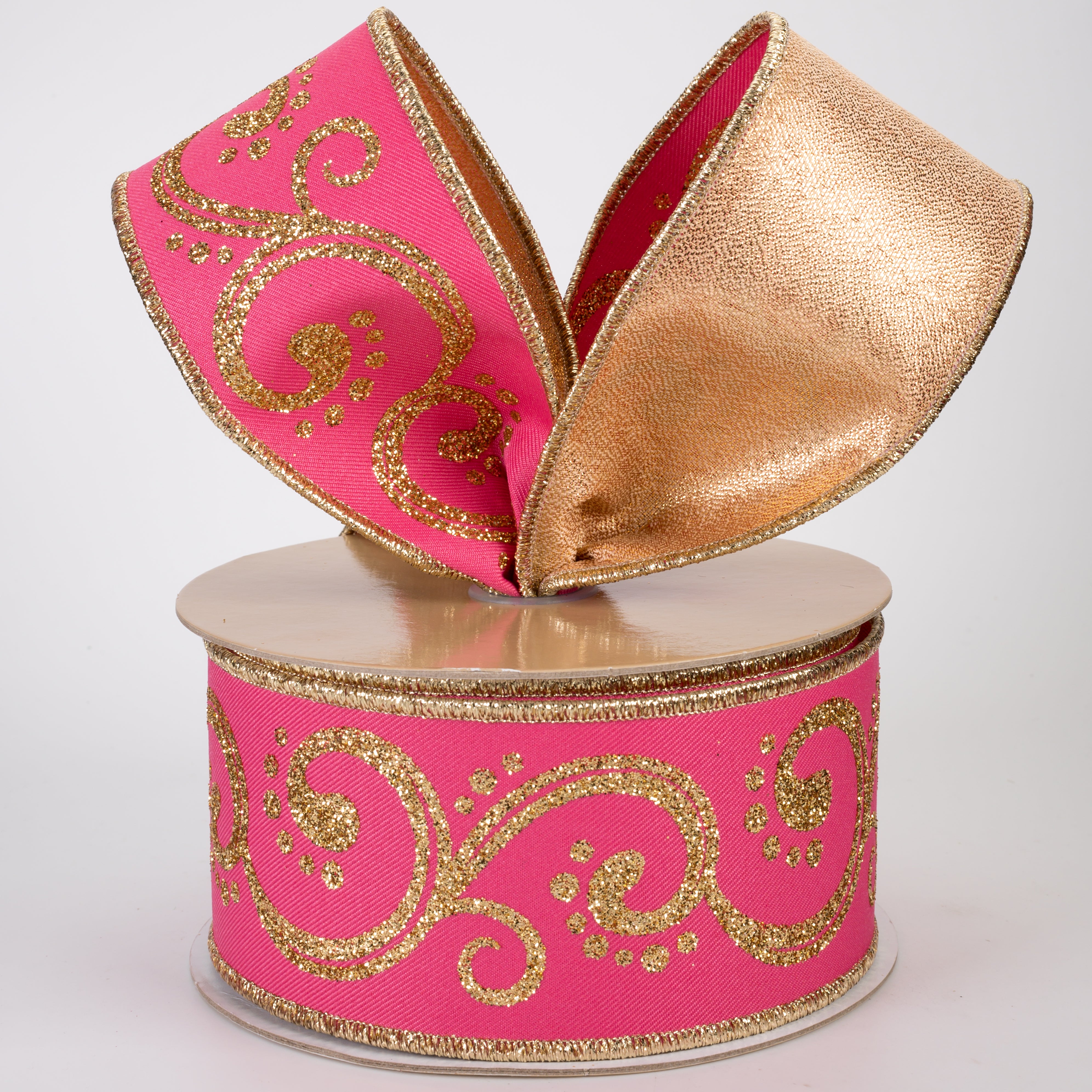 2.5" Double Sided Fused Swirls Ribbon: Hot Pink & Gold (10 Yards)