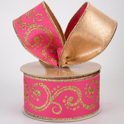2.5" Double Sided Fused Swirls Ribbon: Hot Pink & Gold (10 Yards)