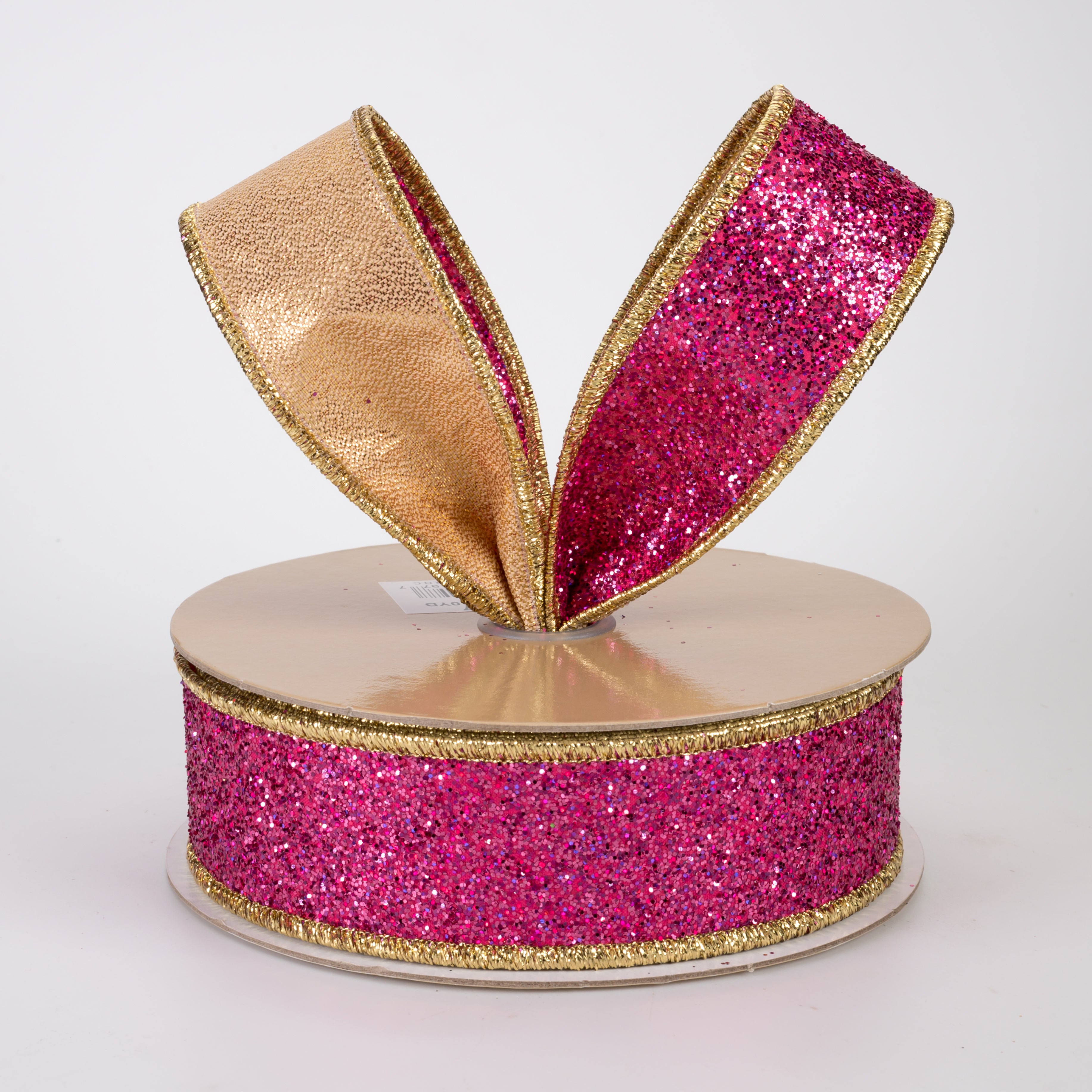 1.5" Double Sided Fused Laser Glitter Ribbon: Fuchsia Pink & Gold (10 Yards)