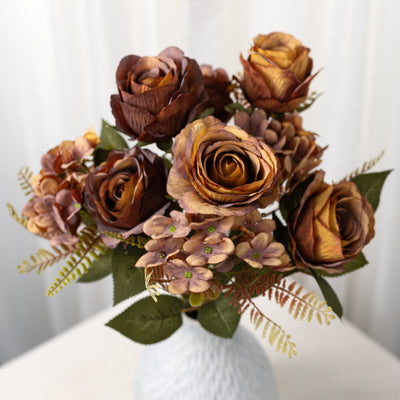 18" Dried-Look Rose Hydrangea Bush: Mustard & Brown