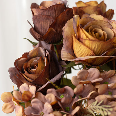 18" Dried-Look Rose Hydrangea Bush: Mustard & Brown
