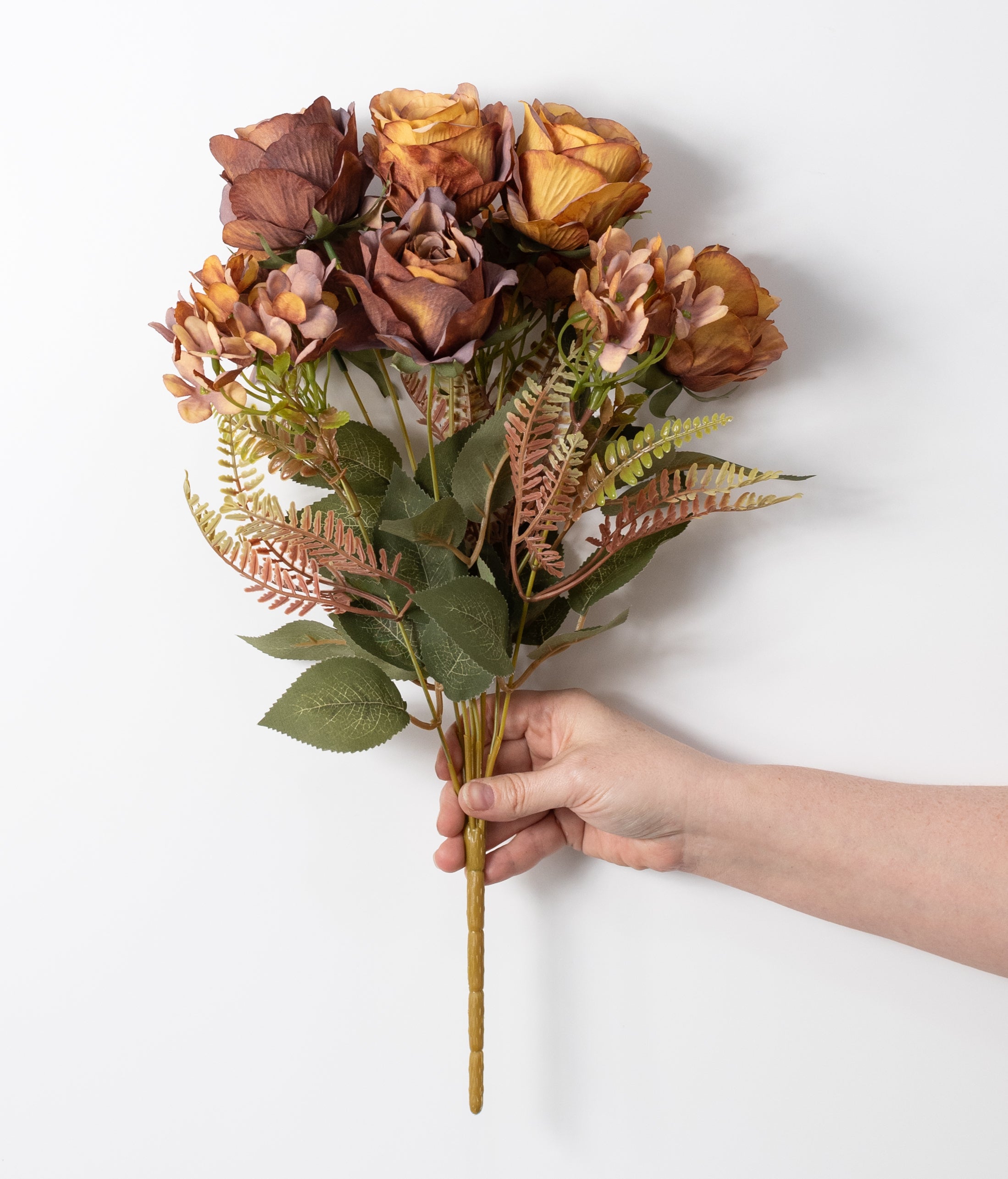 18" Dried-Look Rose Hydrangea Bush: Mustard & Brown