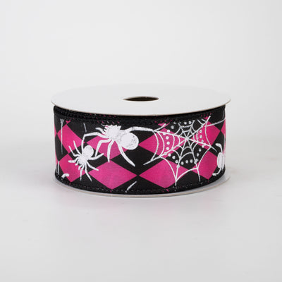 1.5" Spiderwebs on Harlequin Ribbon: Fuchsia Pink & Black (10 Yards)