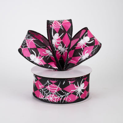 1.5" Spiderwebs on Harlequin Ribbon: Fuchsia Pink & Black (10 Yards)