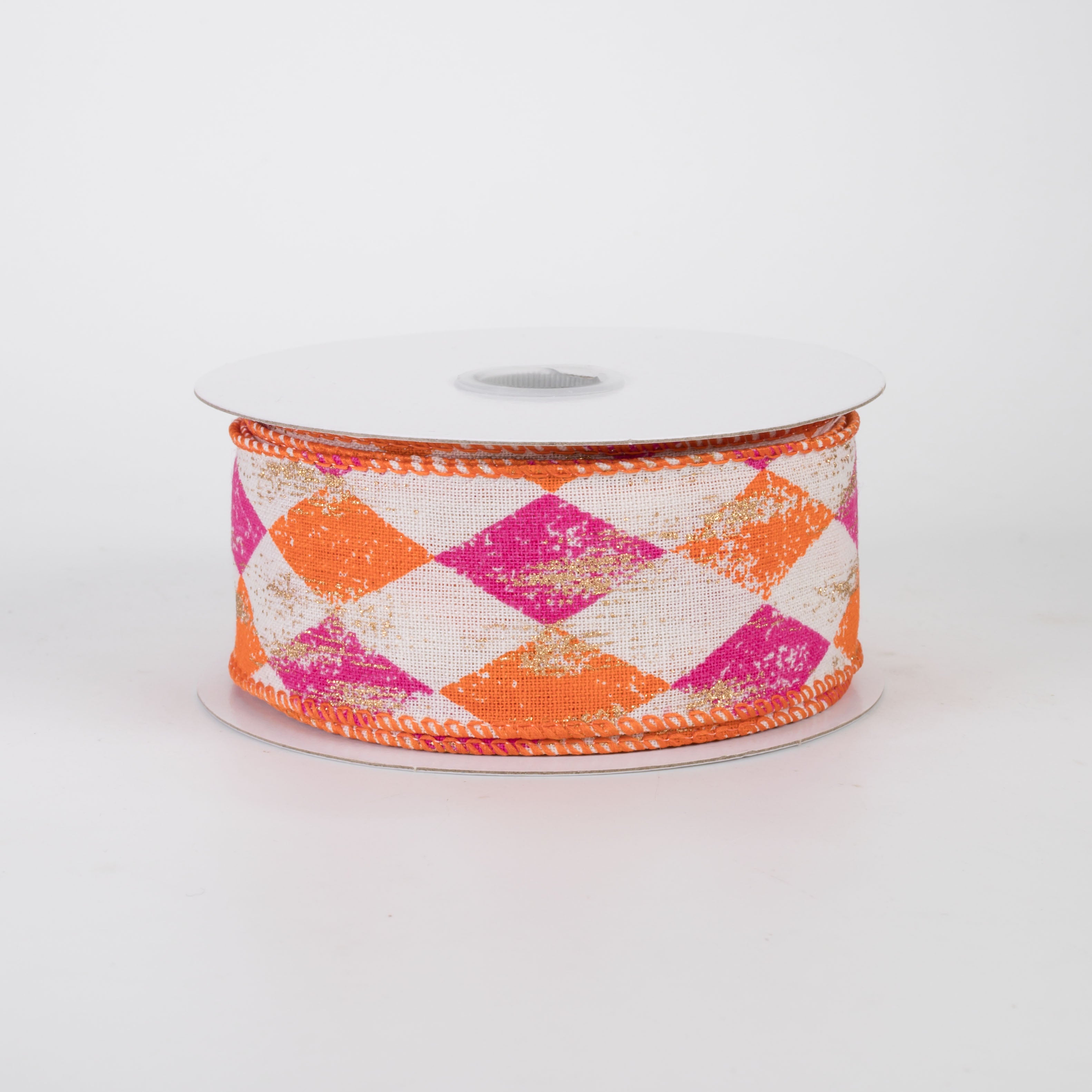 1.5" Canvas Harlequin Gold Painted Ribbon: Cream, Fuchsia & Orange (10 Yards)