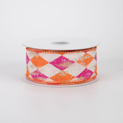 1.5" Canvas Harlequin Gold Painted Ribbon: Cream, Fuchsia & Orange (10 Yards)